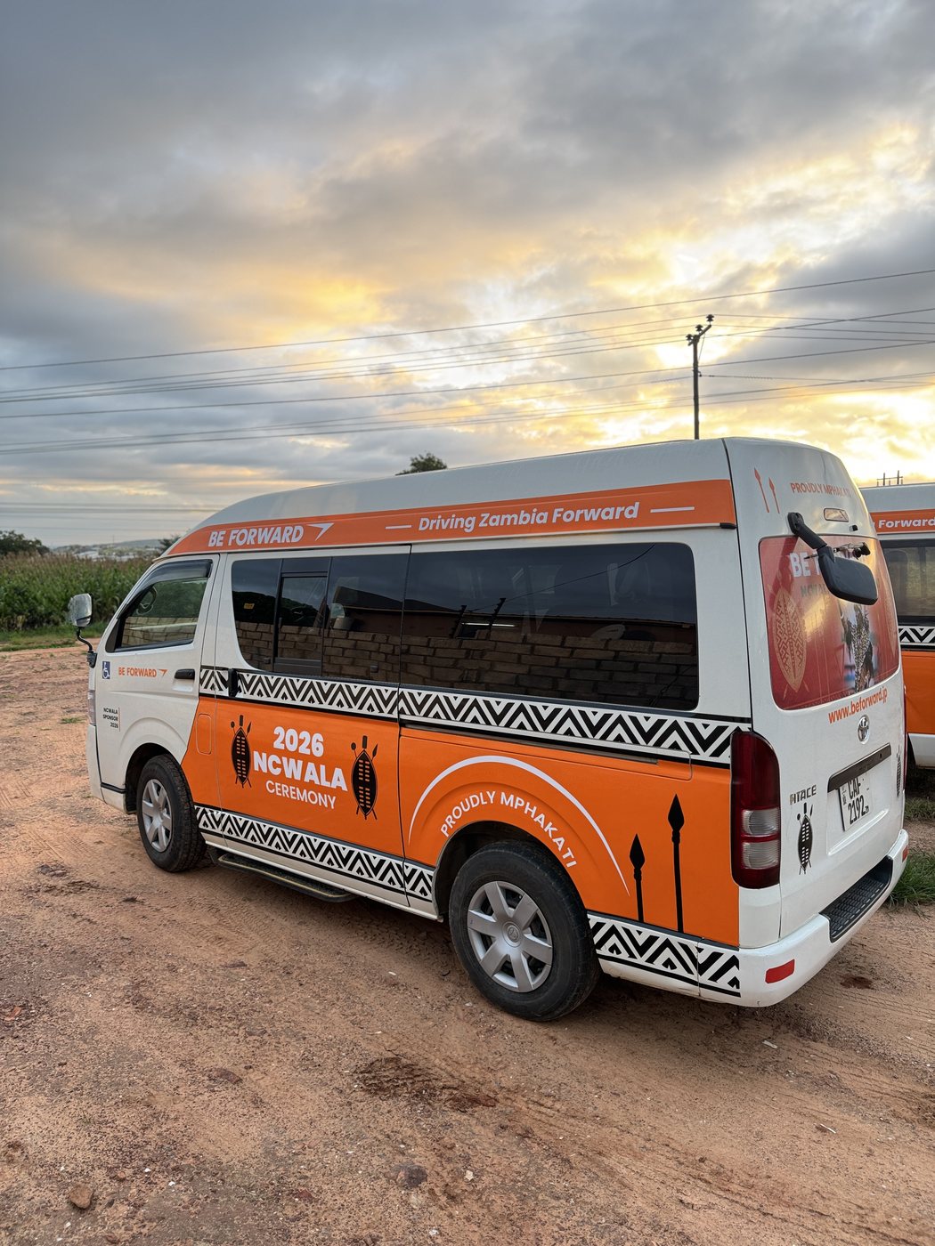 BE FORWARD minibus in Ncwala Ceremony campaign livery at sunset