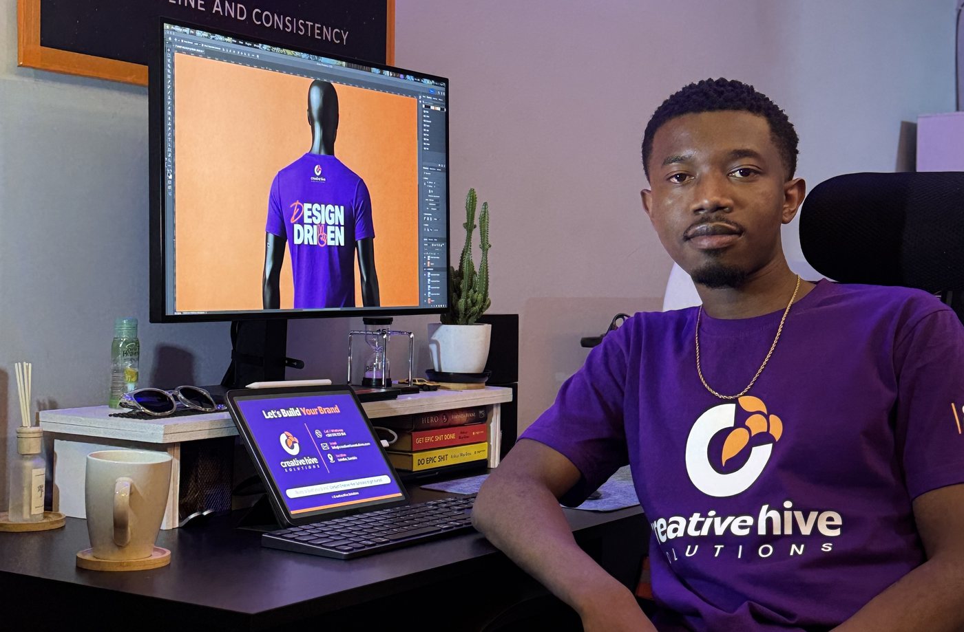 Gibson Lupambo at the Creative Hive studio workstation
